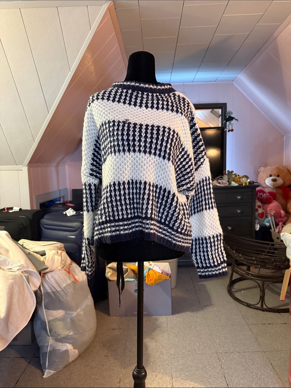 Women's Chunky Knit Striped Sweater - Navy & White